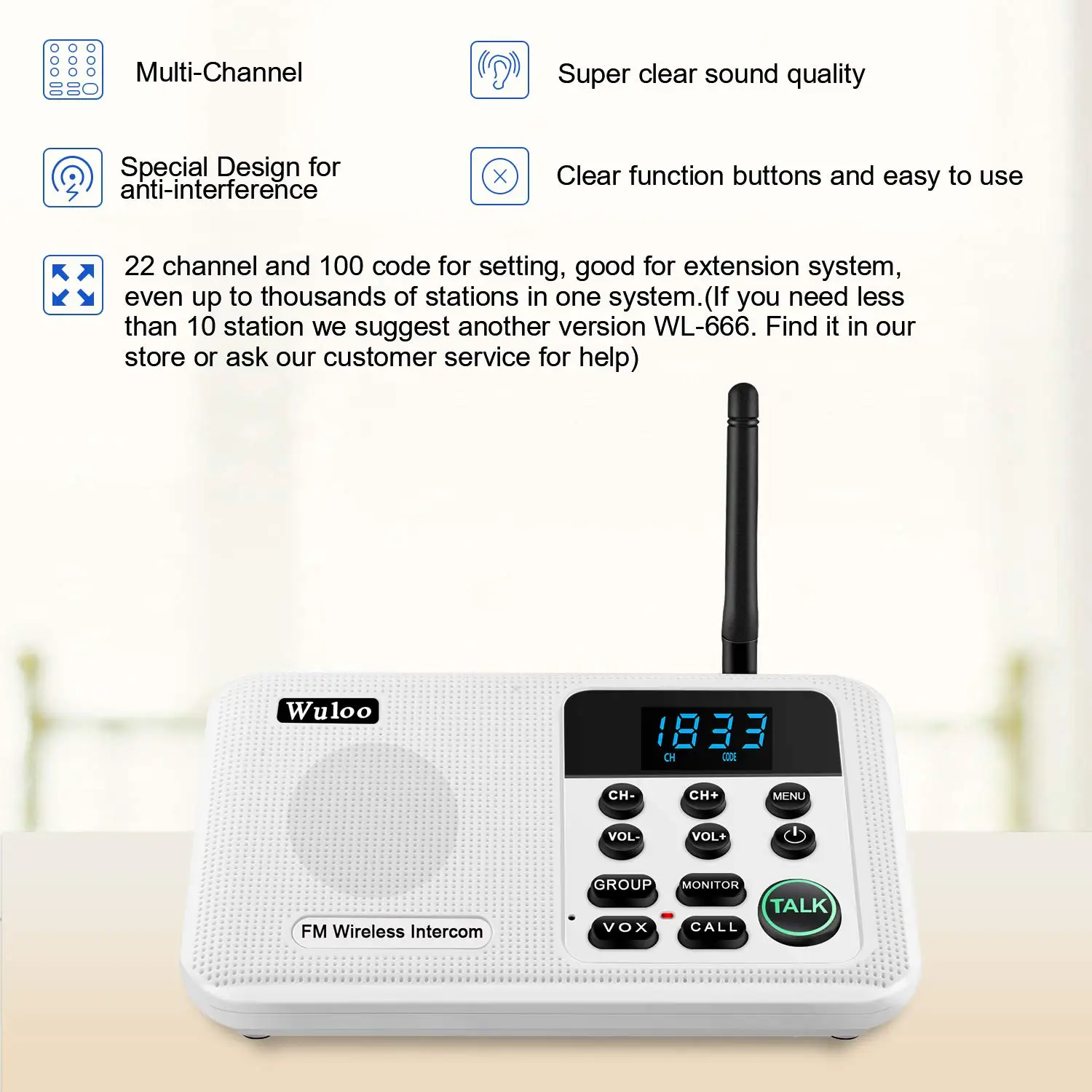 Wuloo Wireless Home Intercom System for House Business Offices FM Room to Room Intercom Communication 1 Mile Range 22 Channel enlarge