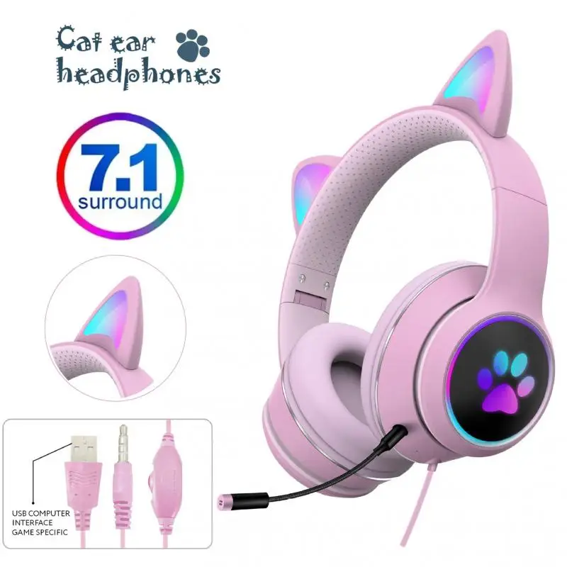 

Cat Ear Gaming Headphone LED Light Girl Gamer Wired Headset Stereo Game Cat Earphone PC Earbud with Mic for Tablet PS4 PS5 Fifa