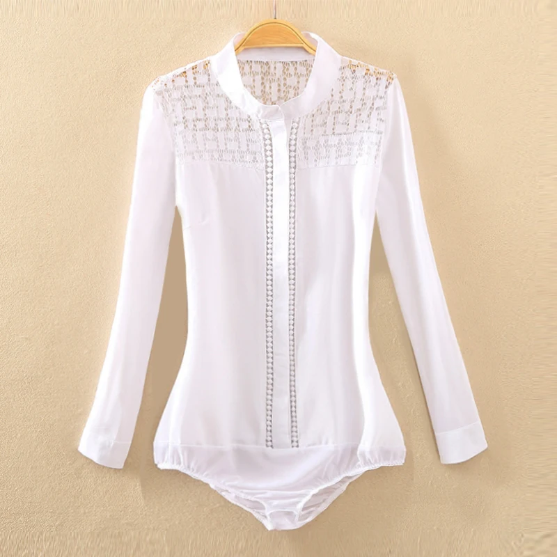 New Fashion Office Blouse Women Stand Collar Lace Patch Long Sleeve Body Shirt Romper Body Tops Blouse Hollow out Bodysuit White