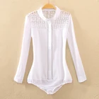 Женская офисная блузка, белая кружевная блузка с длинными рукавами и воротником-стойкой, боди с вырезами