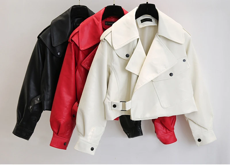 New Spring Women Faux Leather Jacket Biker Red White Coat Turndown Collar PU Motorcycle Jackets Loose Streetwear Outerwear enlarge