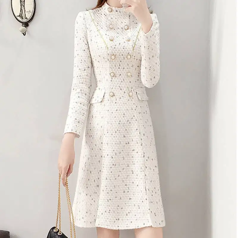 

New Arrival Fitted Elegant Women Dress Pearl Button Tweed Dress Sexy Split Long Sleeve With Belt Pencil Dress Plus Size S-XXL