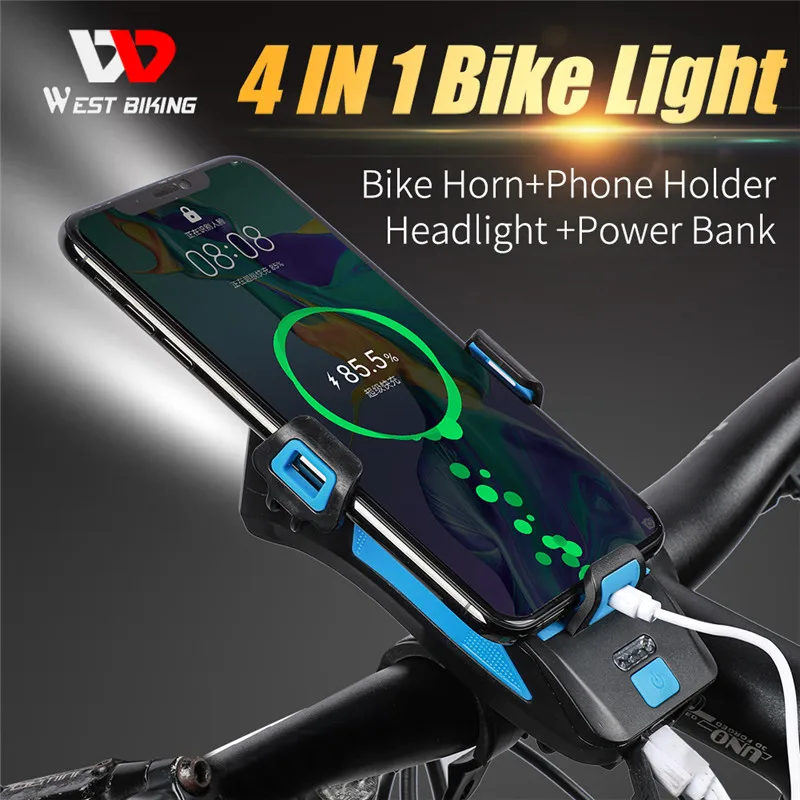 west biking 4 in 1 bike lamp front horn light phone holder alarm bell power bank mtb cycling led flashlight bike accessories free global shipping