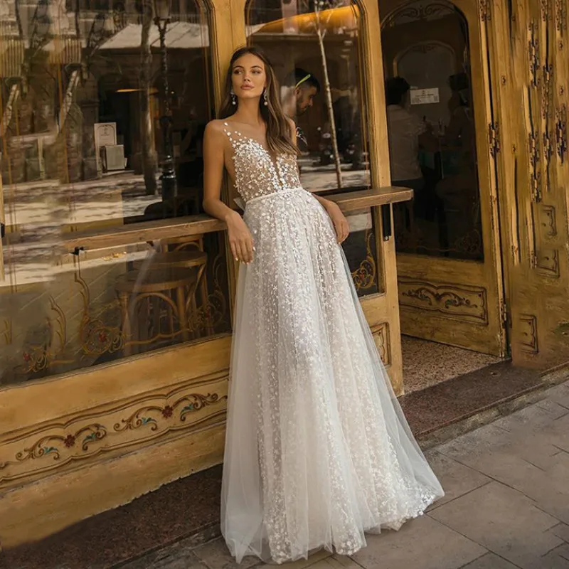 

ТРАПЕЦИЕВИДНОЕ свадебное платье с просвечивающей спиной для женщин, соблазнительное фатиновое платье с аппликацией и открытой спиной, пла...