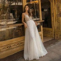 a line see through back wedding dress for women tulle appliqued backless sexy vestido de noiva floor length gowns bride dresses