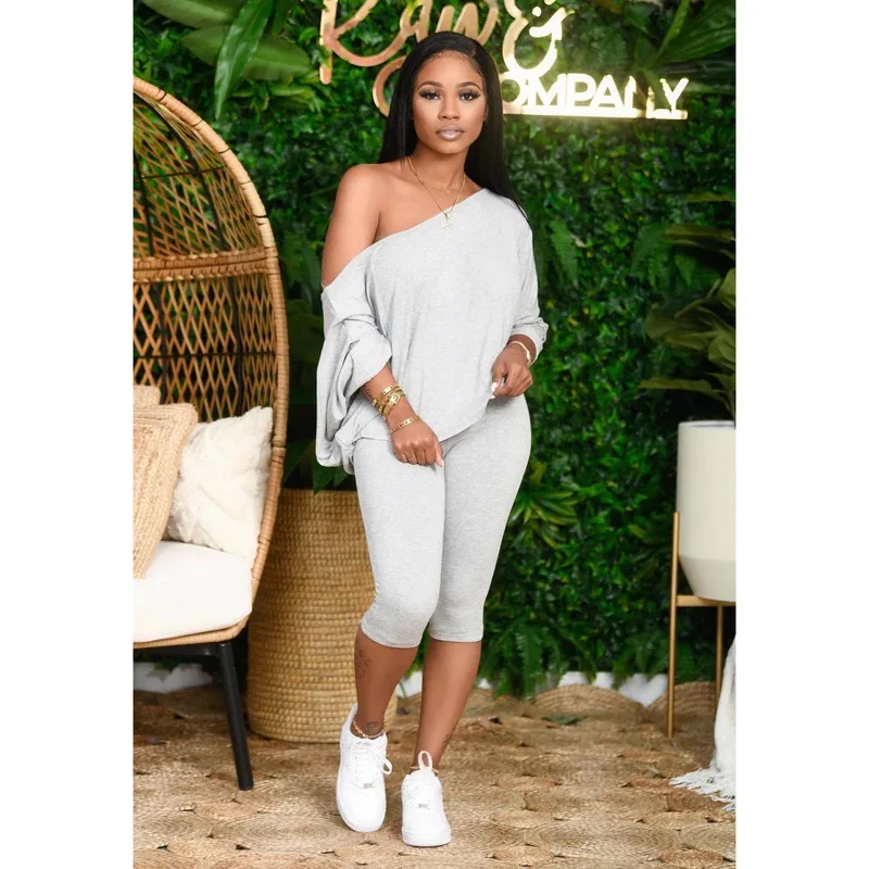 

Newest Women's Set Long Sleeve Off Shoulder Top Mid-calf Length Pants Suit Active Wear Tracksuit Two Piece Set Fitness Outfit
