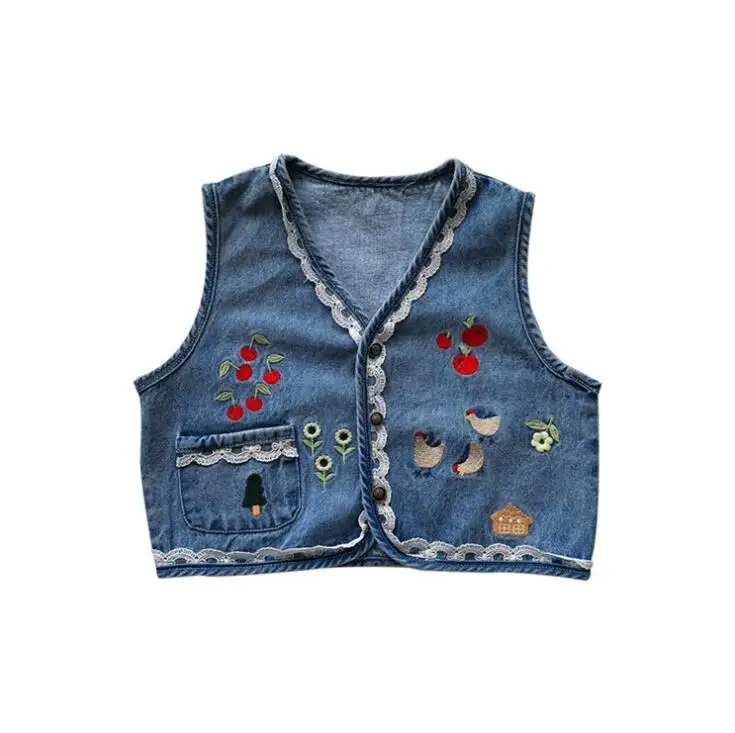 

2021 Baby Boys Girls Vest embroidered cherry floral pattern kids denim vest