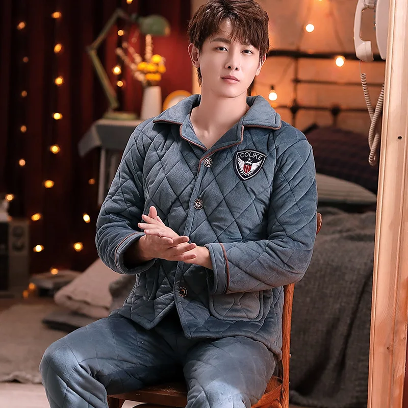 Men Pajamas Flannel Sleepwer Solid Cardigan Lapel Button Nightwear Thick Warm High Quality Homewear Pyjamas Winter Plus Size