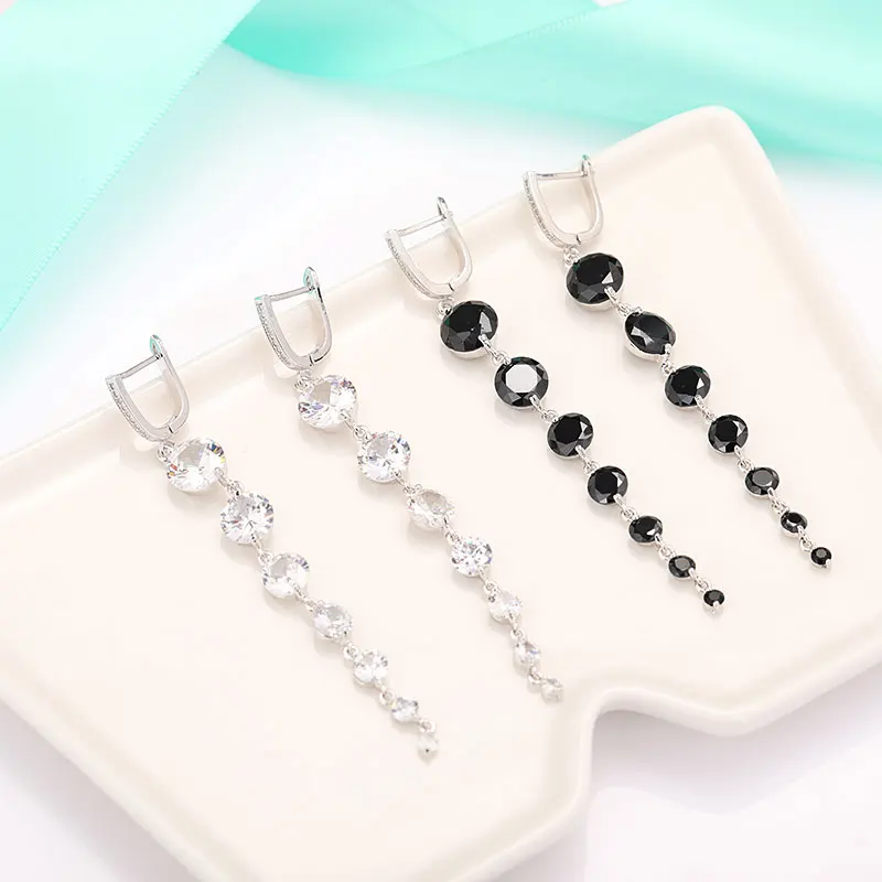 Женские длинные серьги MAIKALE круглые из фианита розовое золото черные висячие