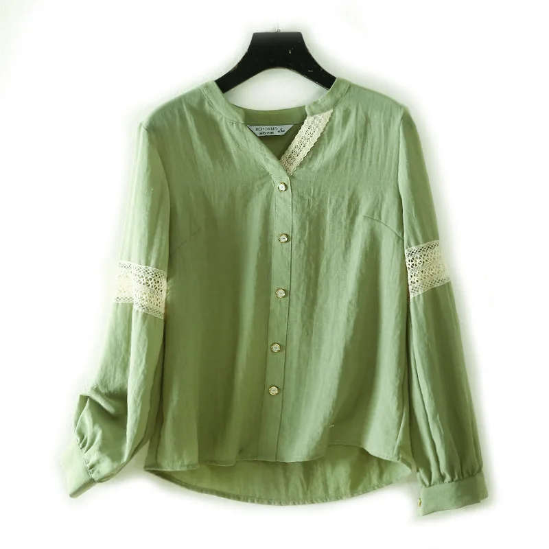 

2020 Mori Girl New Spring Women Blouse Simple Lace Patchwork Cotton linen Long Sleeve Women's Shirts Loose Solid Tops