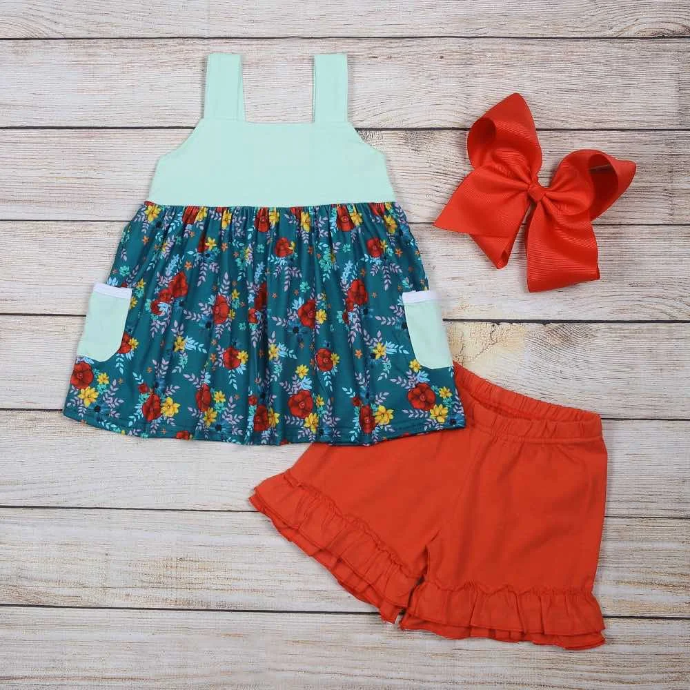 

New Fashion Boutique Summer Grey Top T-shirt And Green Blue Shorts Cartoon Shark Swimming Ring Pattern Baby Outfit Clothes