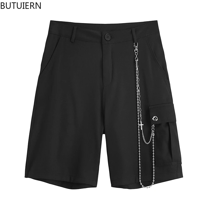 

Black&Green Women's Loose Boyfriend Overalls Pants With Chain Streetwear Knee Leagth Pocket Pants Female Fashion Tide Clothes