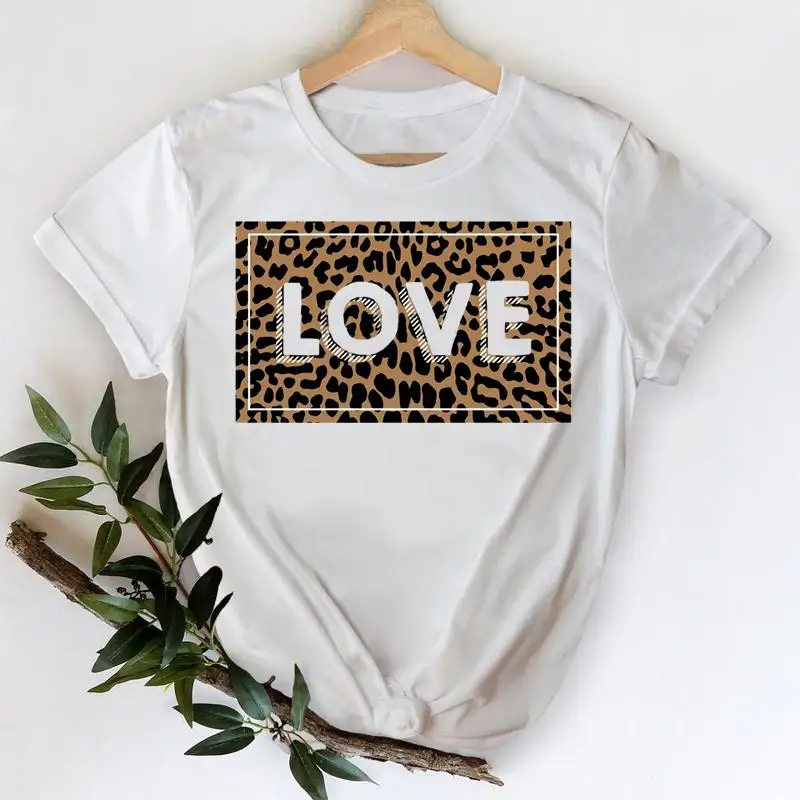 

2021 Leopard Heart Casual 90s Fashion Trend Printing Clothes Graphic Tshirt Top Lady Print Female Tee T-Shirt Women