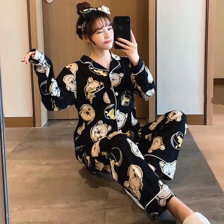 2 шт. женская пижама с длинным рукавом принтом медведя | Женская одежда