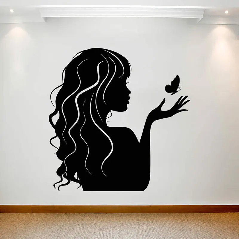 Beauty Salon Wall Sticker Girl Butterfly Hair Hairdressing Shop Sign Window Art Decor Vinyl Decals Removable Transfer Mural A452
