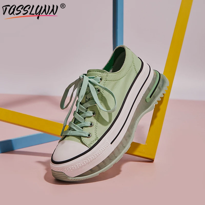 

TASSLYNN 2021 Women Shoes Genuine Leather Round Toe Casual Wedge Sneakers Spring/Autumn Lace-up Jelly Shoes