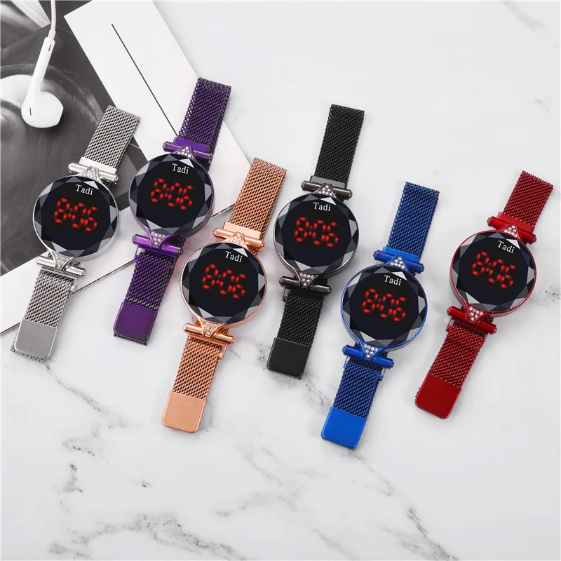 

100pcs/lot touch screen LED electronic watch LED iron-absorbing stone mesh with watch fashion ladies decorated wrist watch