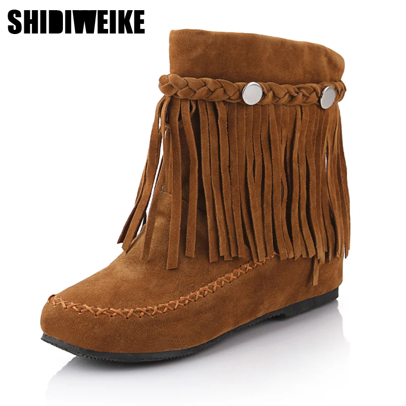 Богемные цыганские женские ботильоны из искусственной замши с бахромой в