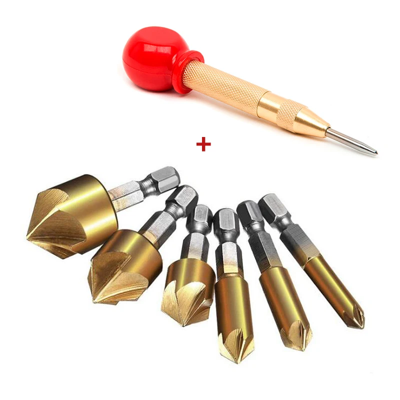 

7pcs Countersink Punch Set HSS Titanium Coated Countersink Drill Bits 90 Degree 5 Flutes Countersink Bit with Center Punch