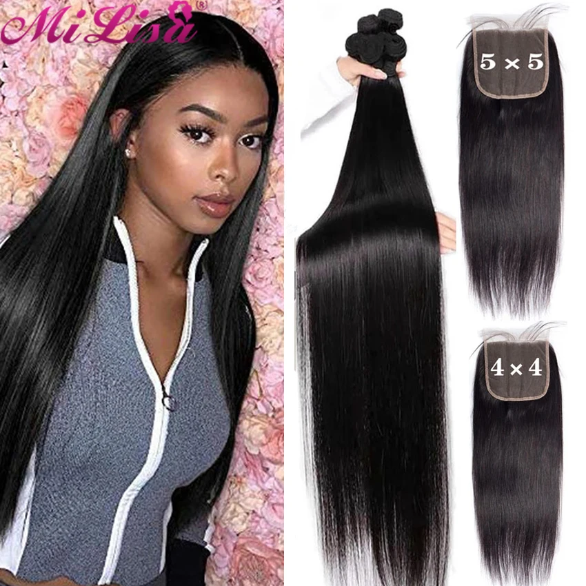

Straight Bundles With Closure Brazilian Hair Weave Bundles With 4X4 Closure 5x5 HD Lace Closure With 30 Inch Straight Bundles