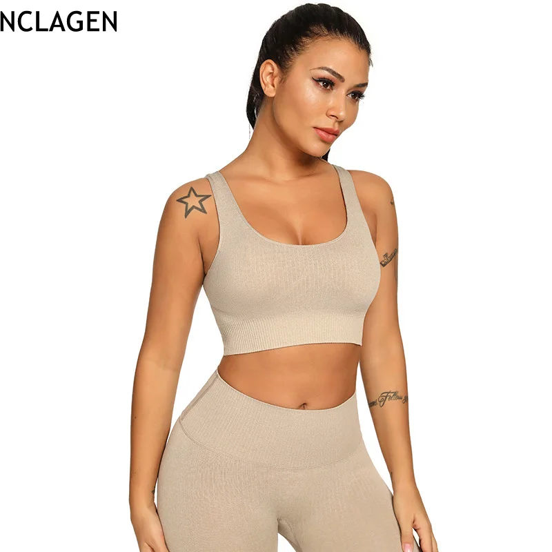 

NCLAGEN Sports Bra Padded Push Up Training Solid Yoga Top Seamless High Support Impact Fitness Elastic Gym Vest Workout Tank Top
