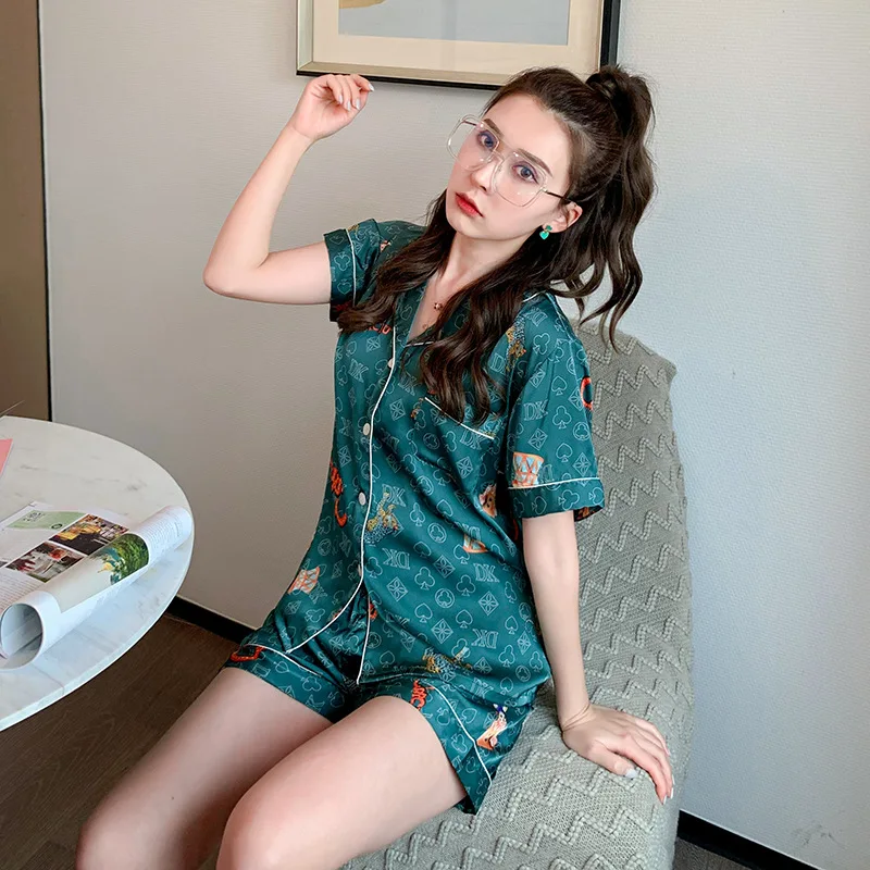 

Women's Sets Casual Nightwear Home Clothing With Short Sleeve Fashion Underwear Two Pieces Suit Spring Satin Faux Silk Pajamas
