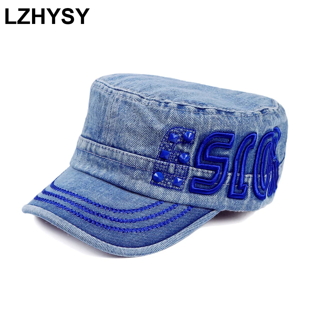 

LZHYSY Women's Military Hats Autumn Washed Cotton Cadet Caps Letters Embroidered Army Hat Outdoor Sunshade Flat Top Cap for Men