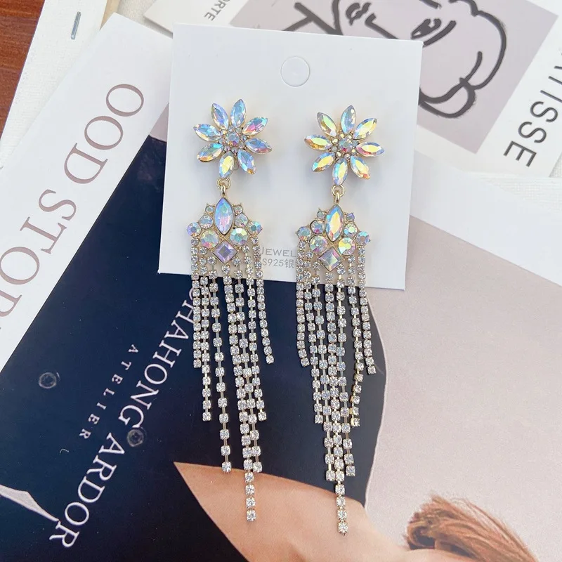 MENGJIQIAO Korean New Luxury Flower Crystal Drop Earrings For Women Elegant Rhinestone Tassel Long Pendientes Party Jewelry | Украшения и