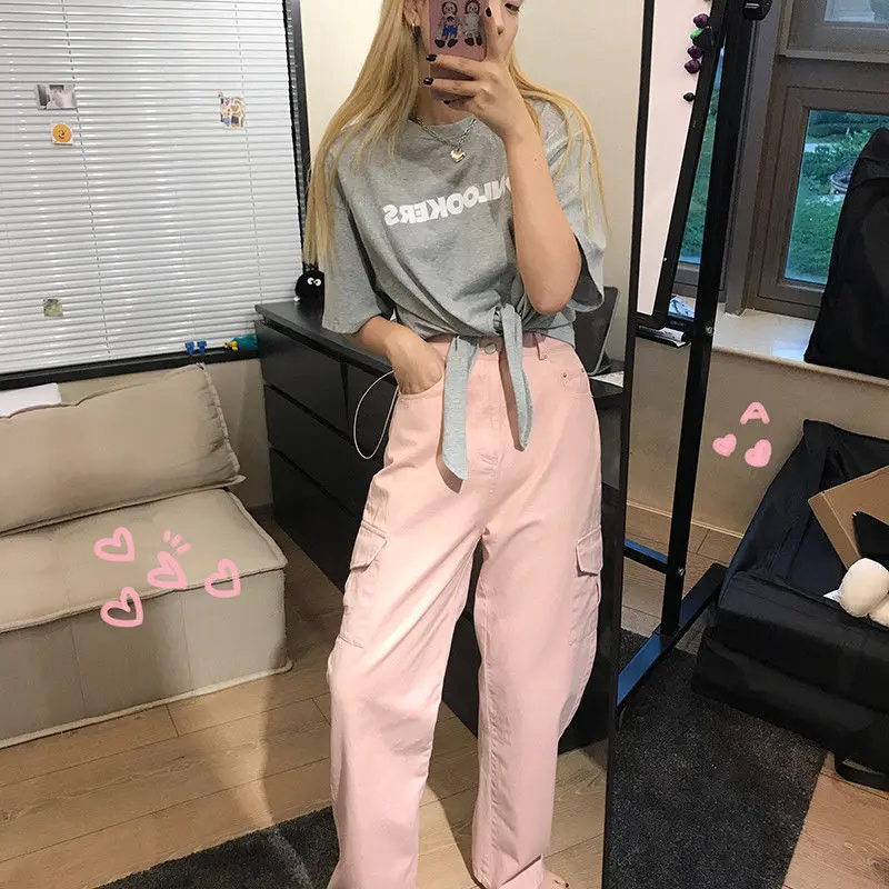 

Women Pink Cargo High Waist Wide Pants Straight Palazzo Pants Fashion All-Match Trousers Harajuku 2021 Women Solid Pockets Pants