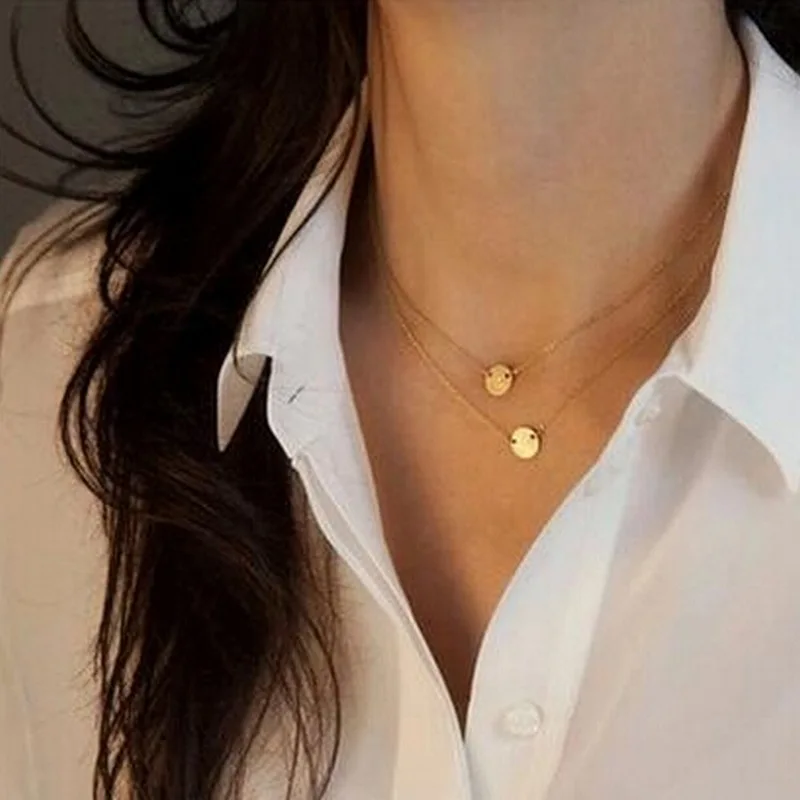

Fashion Gold Color Double Layered Clavicle Necklace Pendant Metal Sequin Chain Choker Necklaces for Women Collares Jewelry