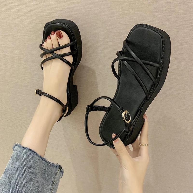 

Fashion Womens Shoes 2021 Square Toe Muffins shoe Black Platform Sandals Med Buckle Strap Summer Heels Suit Female Beige Luxury