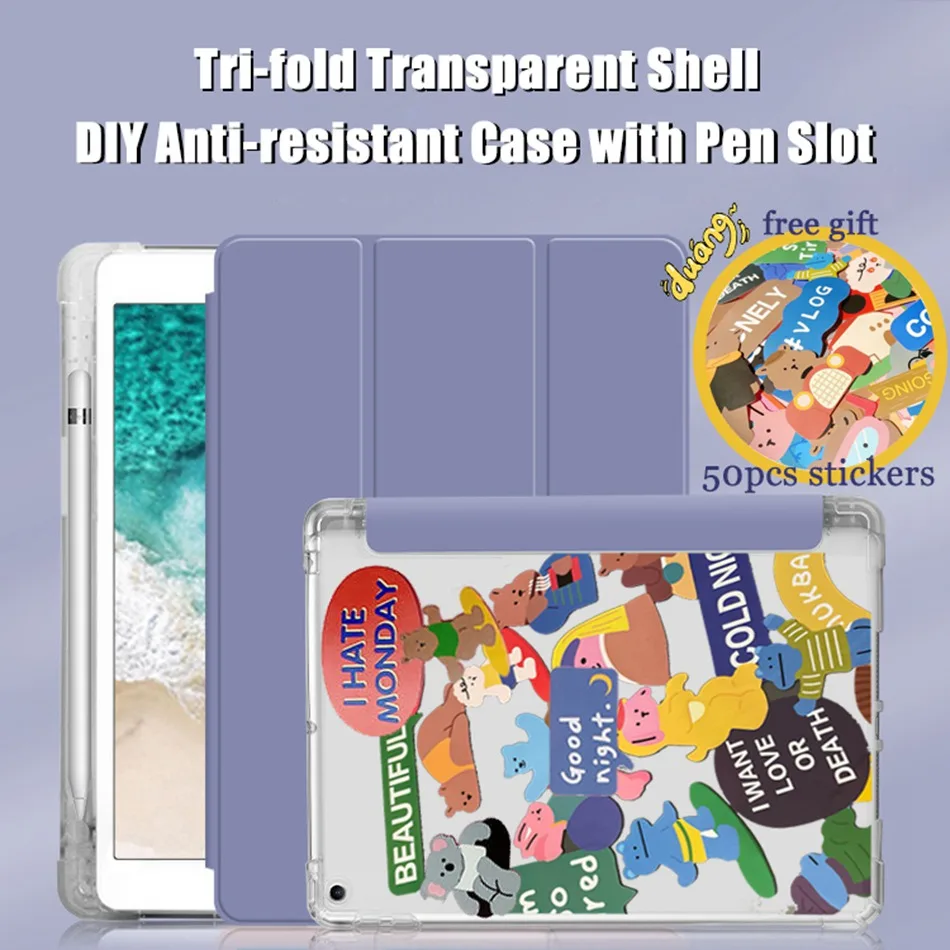 

For iPad Pro 11 Case 2021 2020 2018 Tablet Cover Threefold Transparent Shockprooof TPU Case with Pencil Slot DIY Sticker Gift