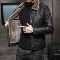 winter new casual mens leather jacket lapels mens fur pure colour with velvet thickening trend coat