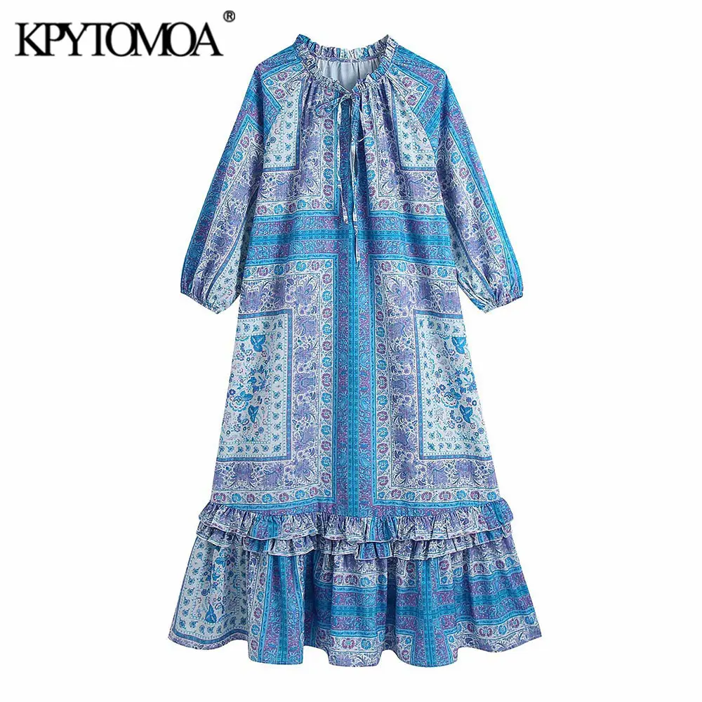 

KPYTOMOA Women 2021 Fashion Printed Ruffled Hem Midi Dress Vintage Tied V Neck Three Quarter Sleeve Female Dresses Vestidos