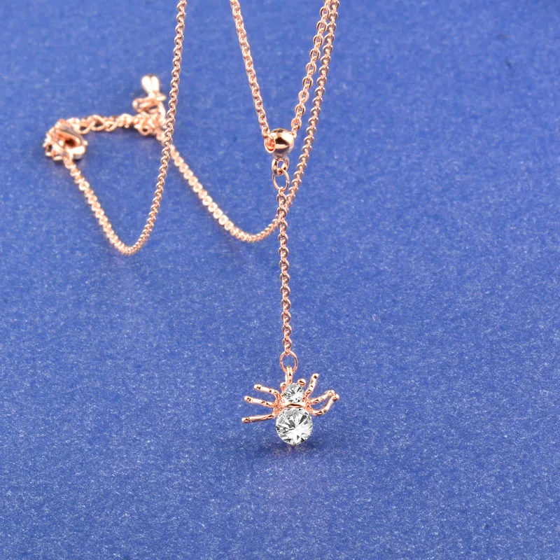 SINLEERY Cute Spider Pendant Necklace Rose Gold Color Chian Round Clear Cubic Zirconia Choker Necklace Women Jewelry XL045 SSC