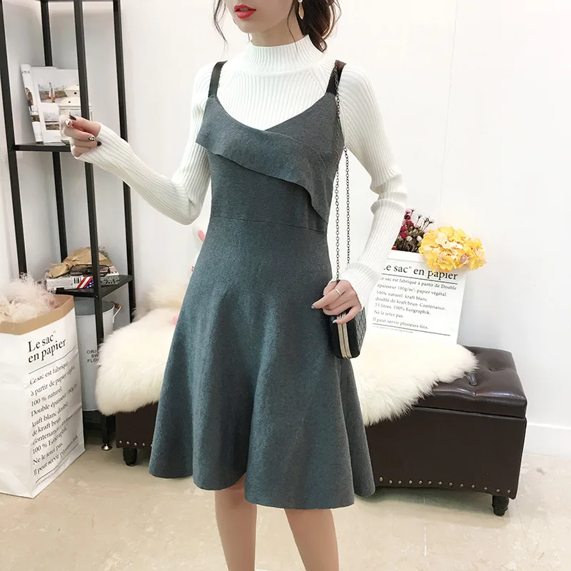 Vest skirt Gray V-образный вырез вязаный длинный абзац из двух частей женский корейский весна кутюр свитер жилет юбка костюм без рукавов Свободный жилет вязаное платье - Цвет: Vest skirt Gray