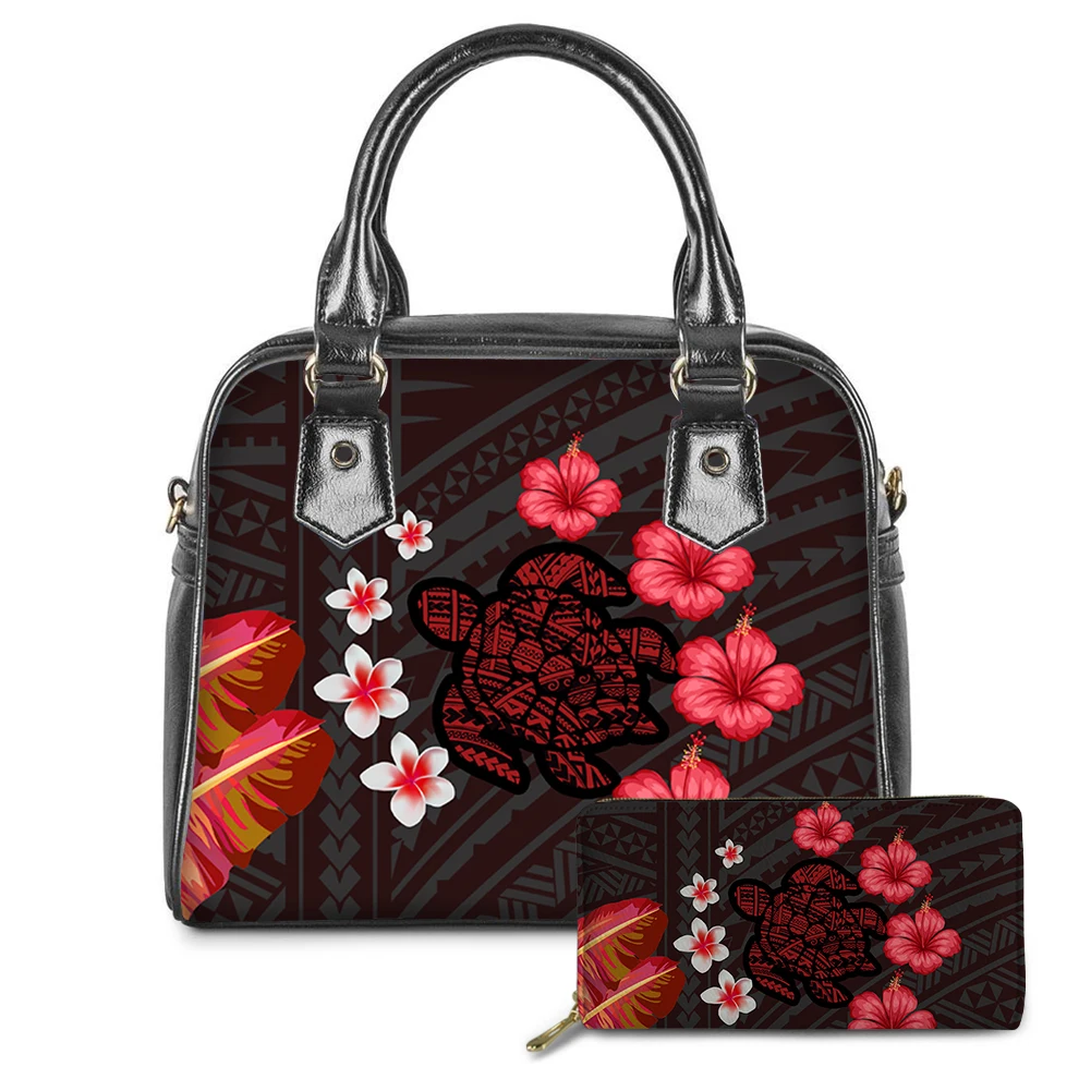 

Floral Messenger Bags Fashion Ladies Polynesian Tribal Hawaii Plumeria And Turtle Design Women Pu Handbag Wallets 2Set Bolsas