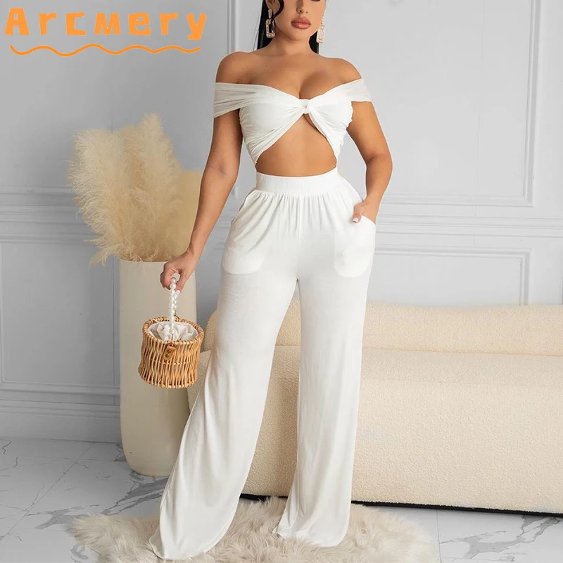 

2 Pieces Pants Sets Women Plus Size Off Shoulder Top & Wide Leg Pants