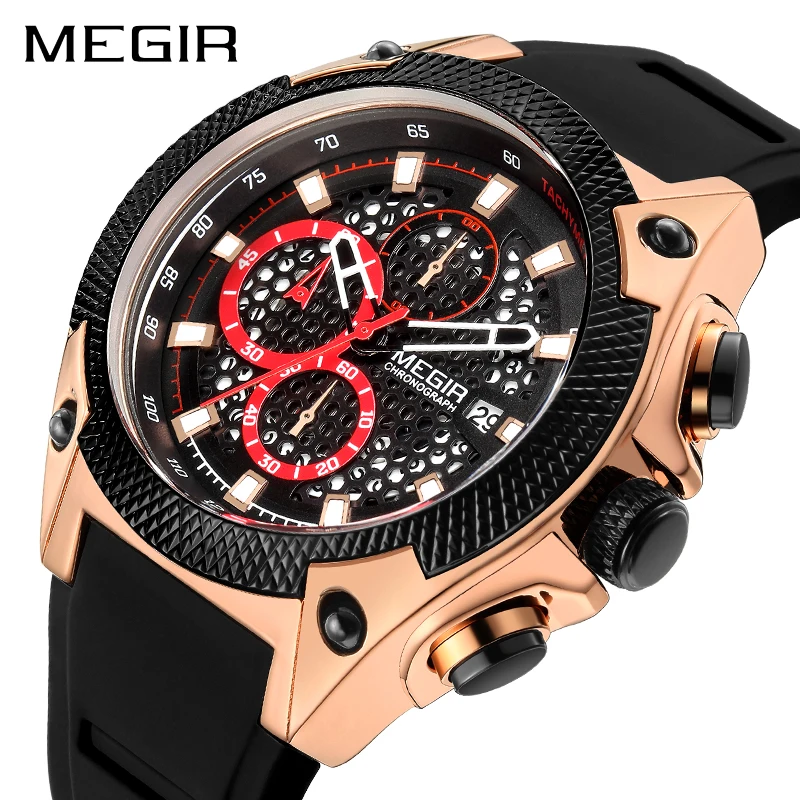 MEGIR Mens Watches Top Brand Luxury Silicone Sports Watch for Men Relogio Masculino Rose Gold Chronograph Wristwatch Man Clock | Наручные