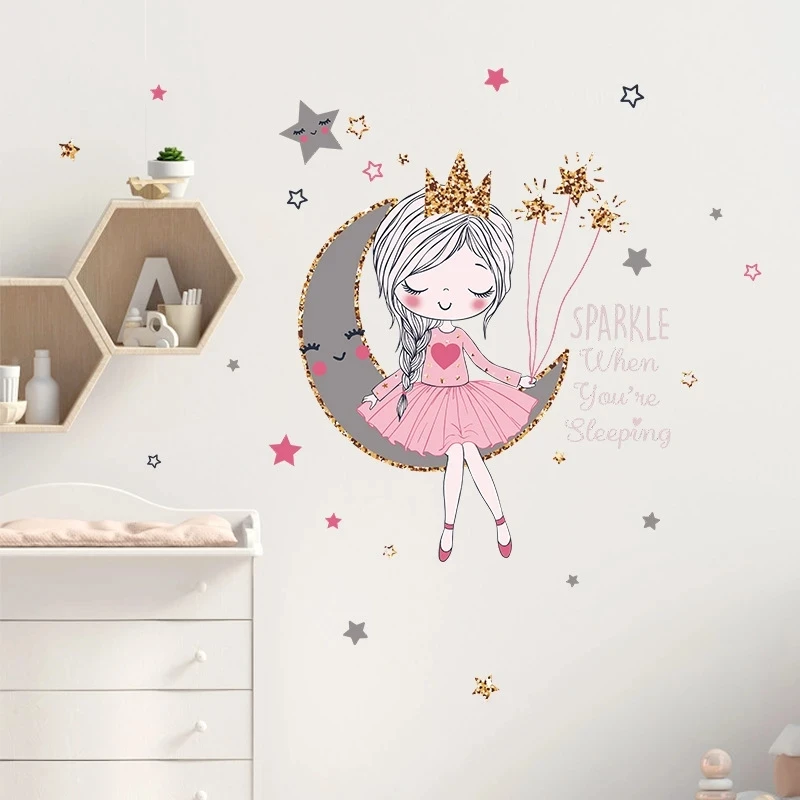 

Cartoon Moon Little Princess Home Decoration Wall Stickers Living Room Girl Kid's Room Detachable Self-adhesive Wallpaper