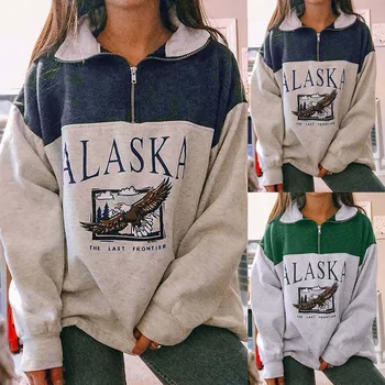 Letter Alaska Print Sweatshirts Women Korean Hoodies Long-sleeved  Pocket Hooded Drawstring Pullover Sweatshirts Top 1
