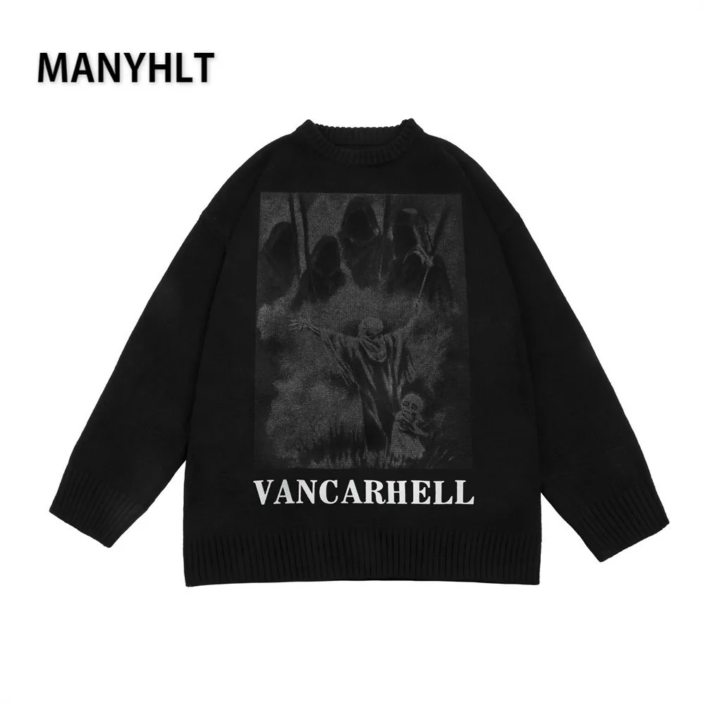 

Men Hip Hop Knitted Jumper Sweaters Portrait Printed Streetwear Autumn 2021 New Oversize Punk Hipster Vintage Casual Pullovers