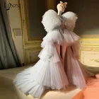 Модное серое Пышное Многоярусное платье из тюля длинное вечернее платье с v-образным вырезом и оборками, пышное платье для выпускного вечера