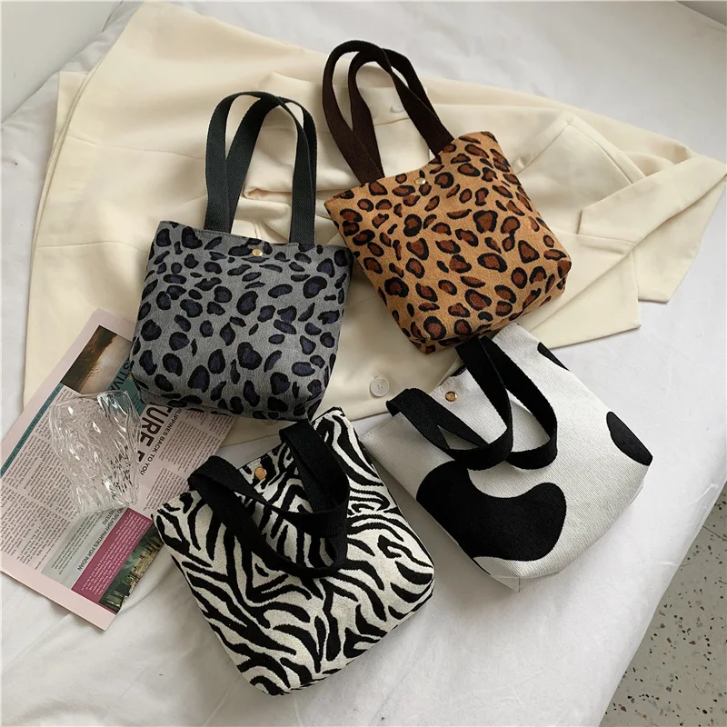 

Female Hand Bag Leopard Animal Pattern Fashion Tote Cotton Canvas Satchel Magnetic Buckle Lattice Handbag for Women