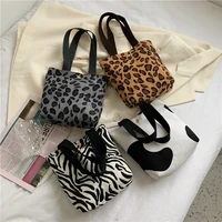female hand bag leopard animal pattern fashion tote cotton canvas satchel magnetic buckle lattice handbag for women