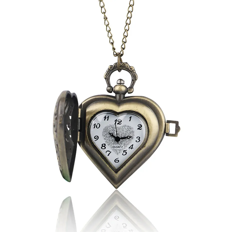 Ретро в форме сердца бронзовые подвесные карманные часы с necklace ем цепочкой крутые Кварцевые Fob часы для женщин девушек лучший подарок
