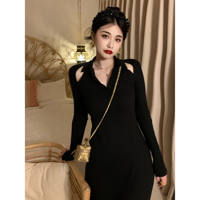 

Women's Korean Knit Dress Long Sleeve Shirt Collar Stretch Slim Pencil Skirt 2021 Fall/Winter Sexy Strapless Sweater Dress
