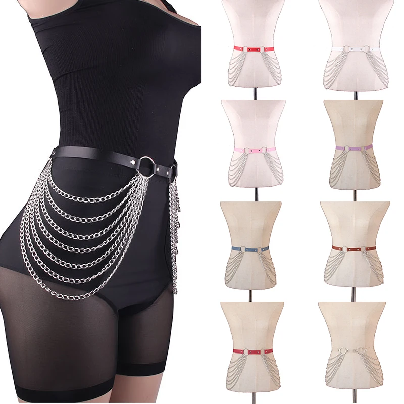 

Однотонный ремень с цепочкой, черный ремень из искусственной кожи, пояс в стиле готика, панк, юбка с цепочкой для тела, регулируемый пояс для ...