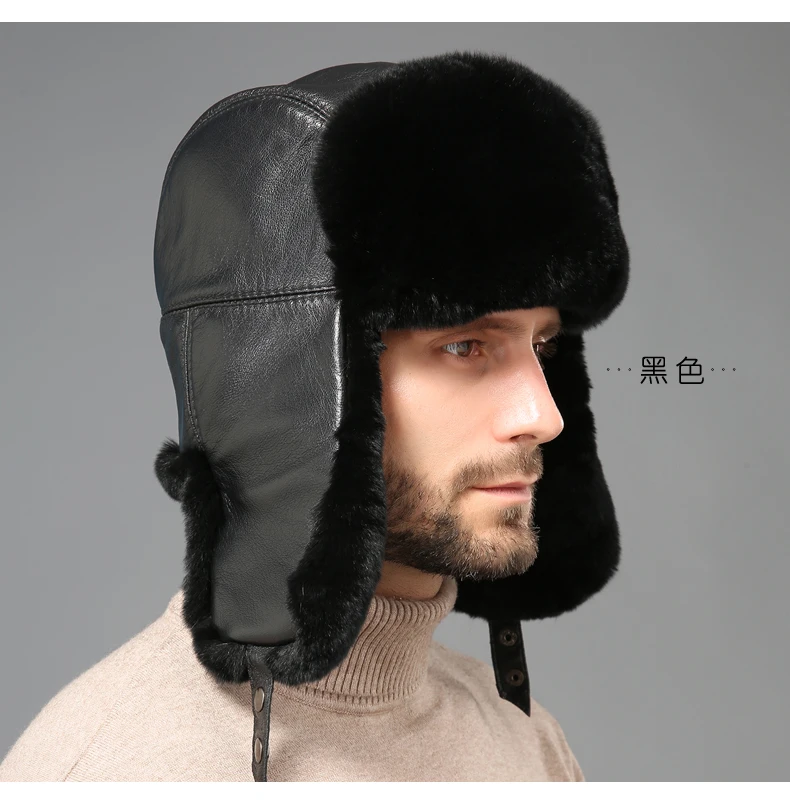 Real Rex Rabbit Fur Bomber Hats Real Sheepskin Earmuffs Cap Men Winter Warm Trapper Russian Trooper Snow Caps EAR FLAPS