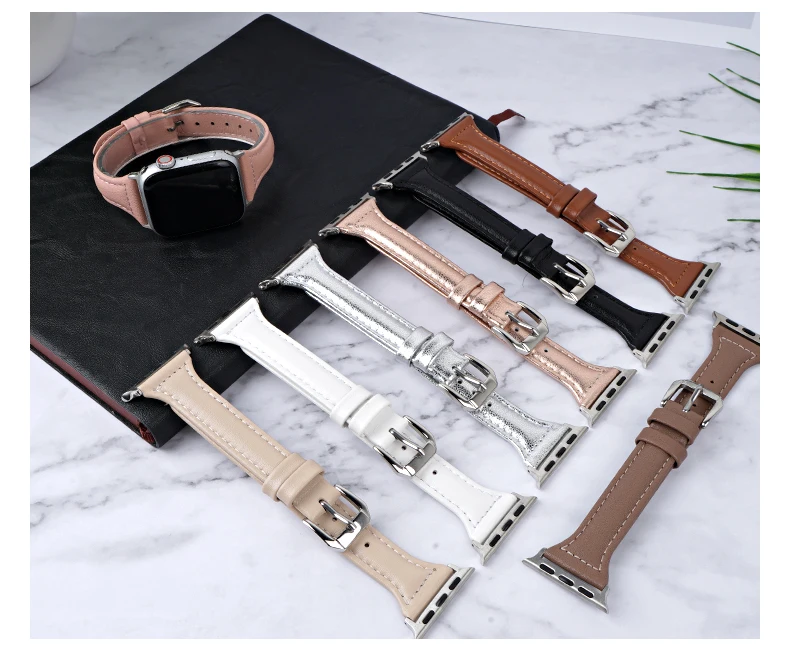 

Slim Leather strap For Apple watch band 40mm 44mm 38mm 42mm 40 44 mm Genuine Leather bracelet Apple watch serie 6 5 4 3 se strap